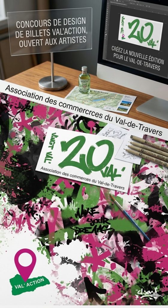 Un concours pour réinventer les billets « 20 VAL’ ». L’association des commerçants Val’action lance un appel aux artistes pour concevoir la nouvelle édition de ses bons d'achat locaux au Val-de-Travers. / Illustration générée par une intelligence artificielle (IA) inspirée du billet original créé par Benjamin Locatelli.